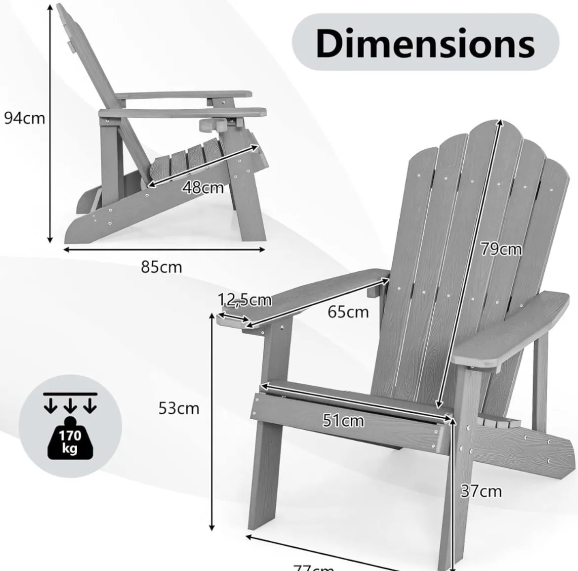 Adirondack Stuhl mit Hochlehner & verstellbarem Getränkehalter Gartenstuhl Balkonstuhl Grau