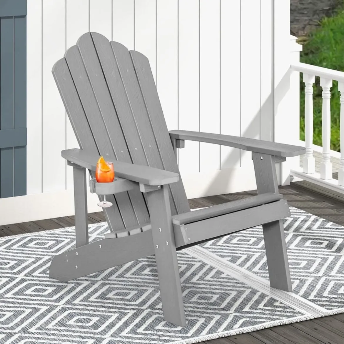 Adirondack Stuhl mit Hochlehner & verstellbarem Getränkehalter Gartenstuhl Balkonstuhl Grau