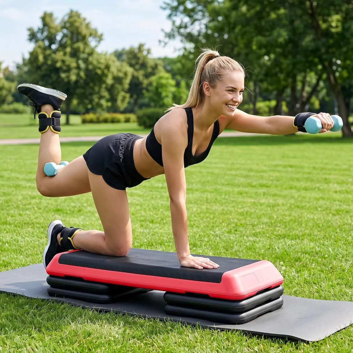 Aerobic Stepper Höhenverstellbar Fitness Stepper mit 4 Stützblöcken Strukturierter Oberfläche Rot