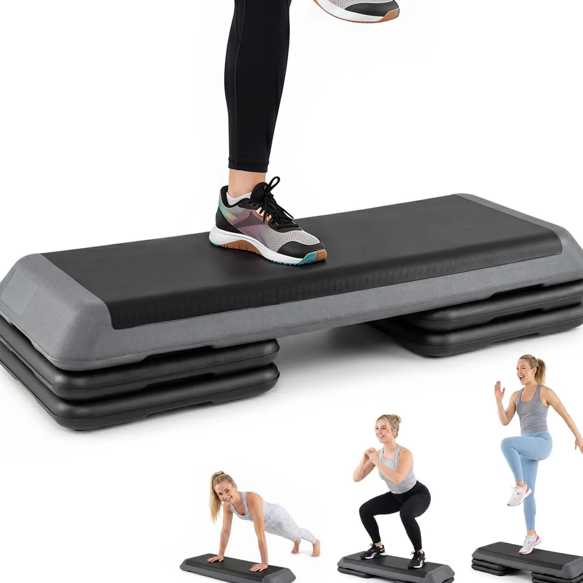 Aerobic Stepper Höhenverstellbar Fitness Stepper mit 4 Stützblöcken Strukturierter Oberfläche Grau