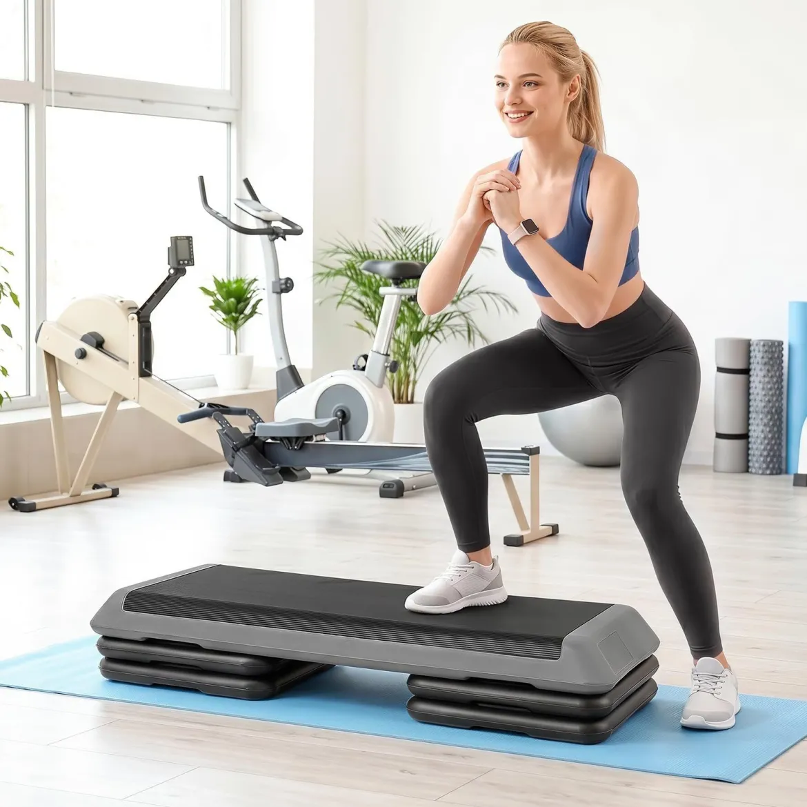Aerobic Stepper Höhenverstellbar Fitness Stepper mit 4 Stützblöcken Strukturierter Oberfläche Grau