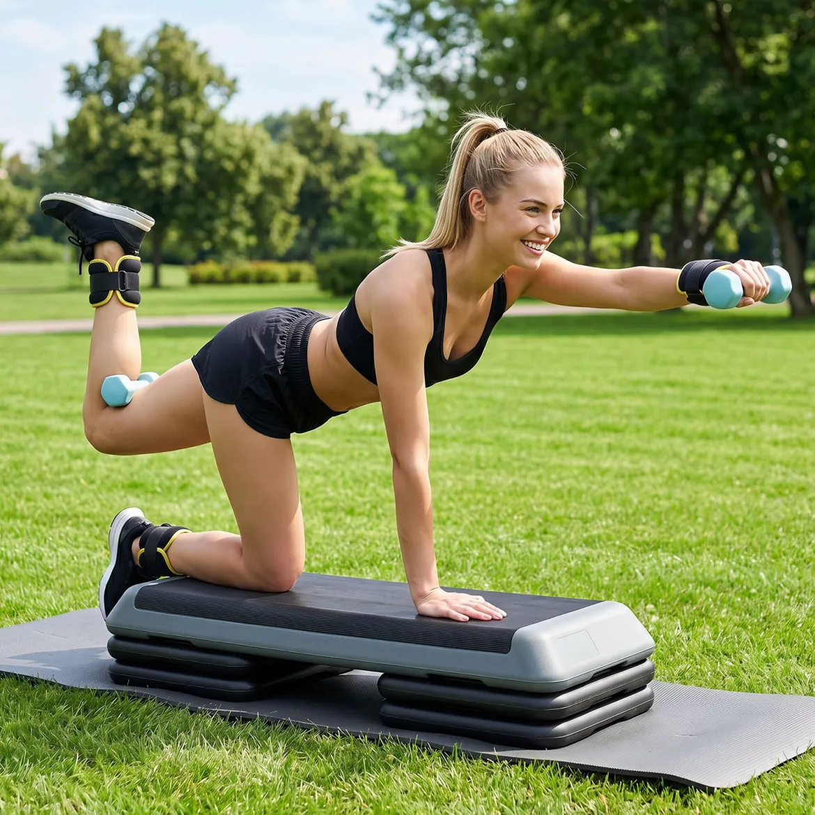 Aerobic Stepper Höhenverstellbar Fitness Stepper mit 4 Stützblöcken Strukturierter Oberfläche Grau