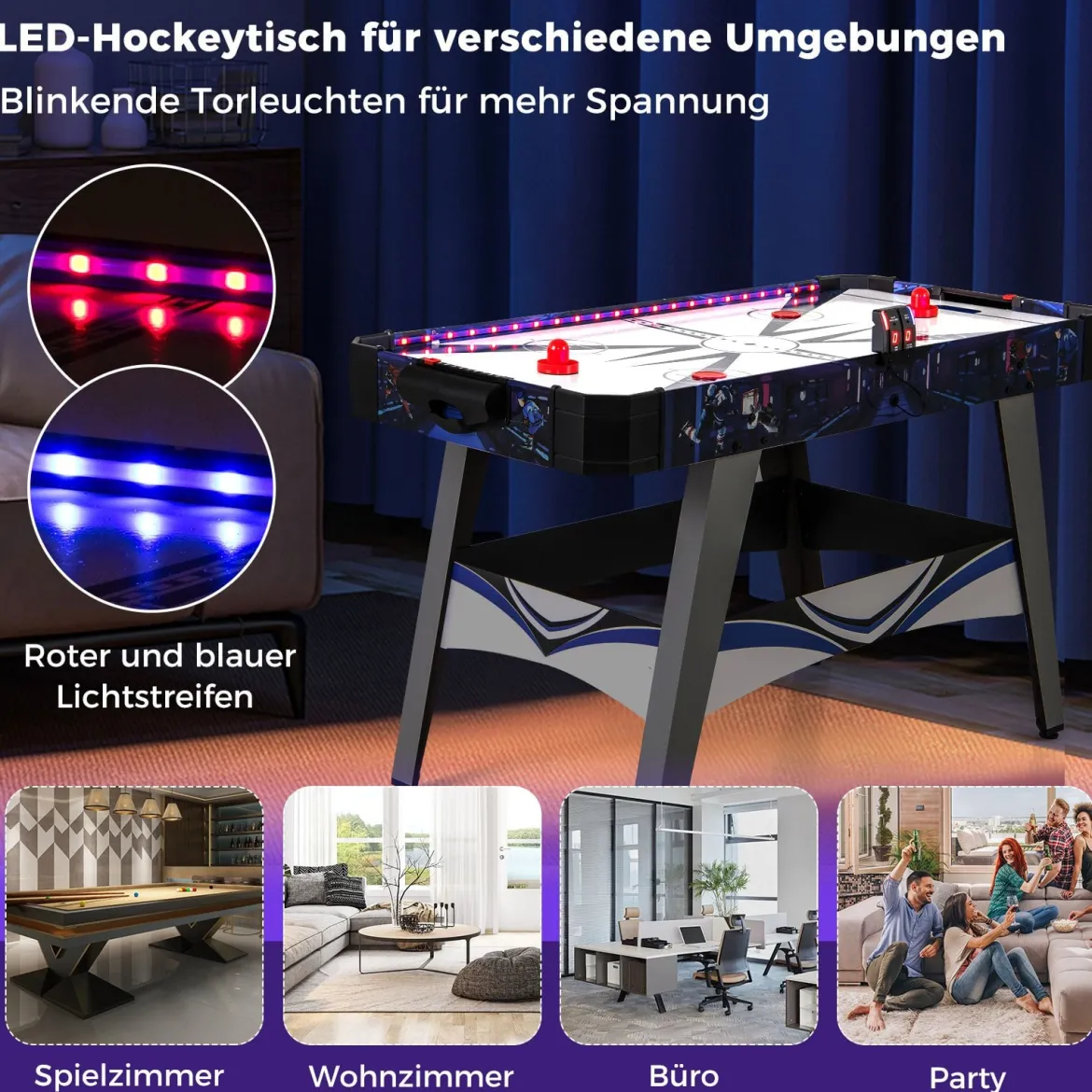 Airhockey-Tisch angetriebener Hockey Tisch mit 2 Schiebern & Pucks verstellbare Fußpolster Blau