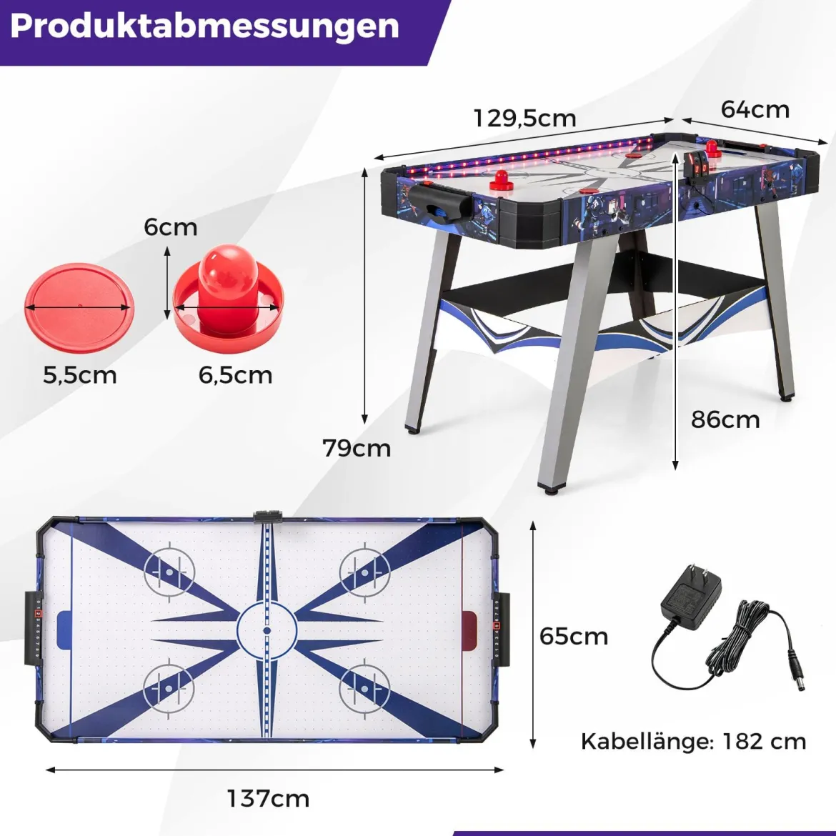 Airhockey-Tisch angetriebener Hockey Tisch mit 2 Schiebern & Pucks verstellbare Fußpolster Blau