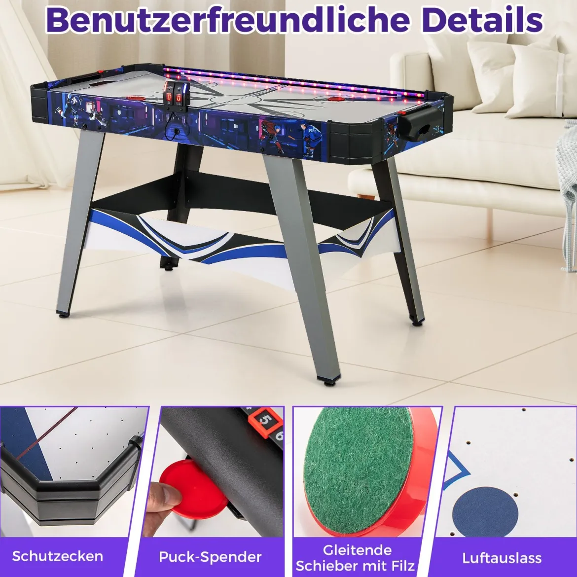Airhockey-Tisch angetriebener Hockey Tisch mit 2 Schiebern & Pucks verstellbare Fußpolster Blau