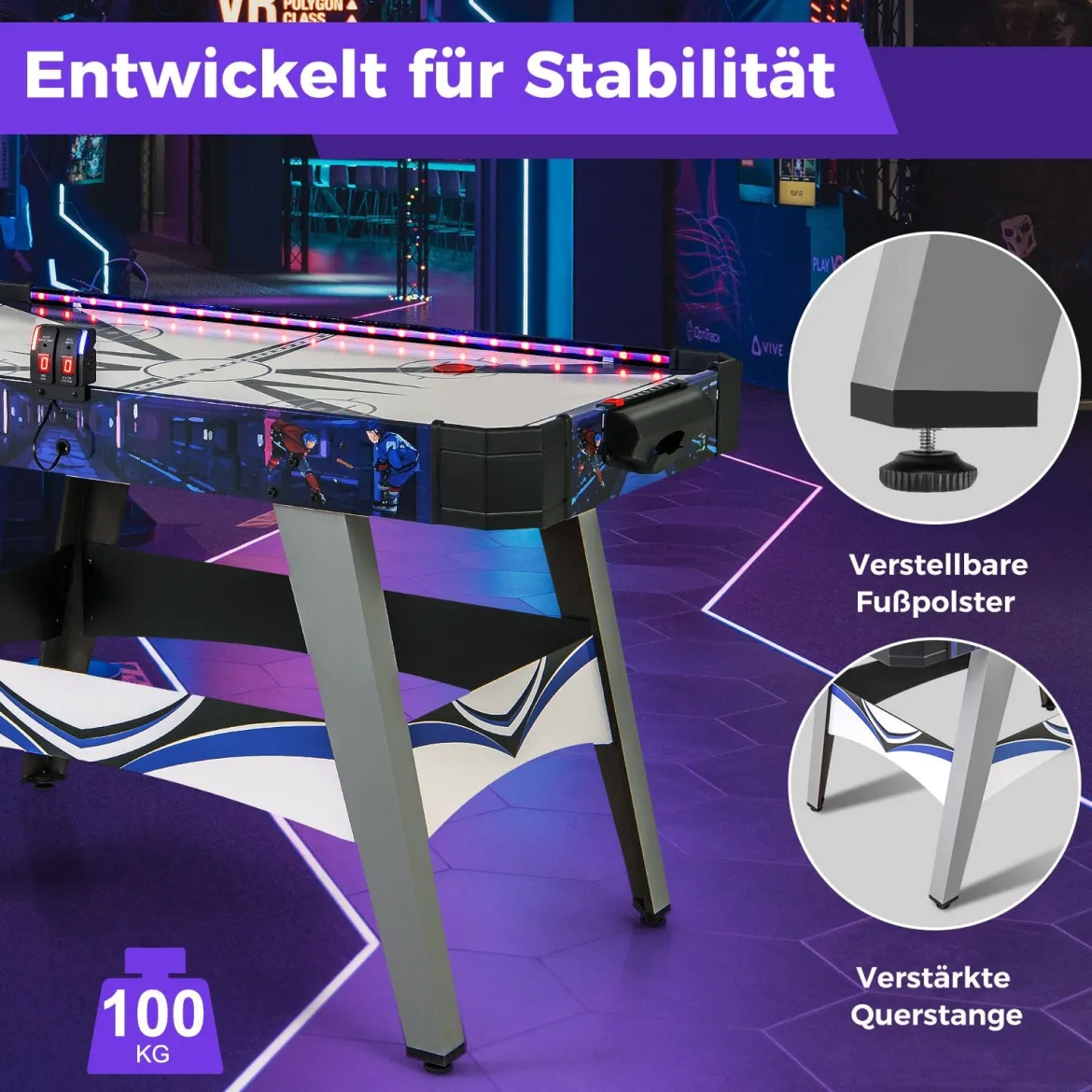 Airhockey-Tisch angetriebener Hockey Tisch mit 2 Schiebern & Pucks verstellbare Fußpolster Blau