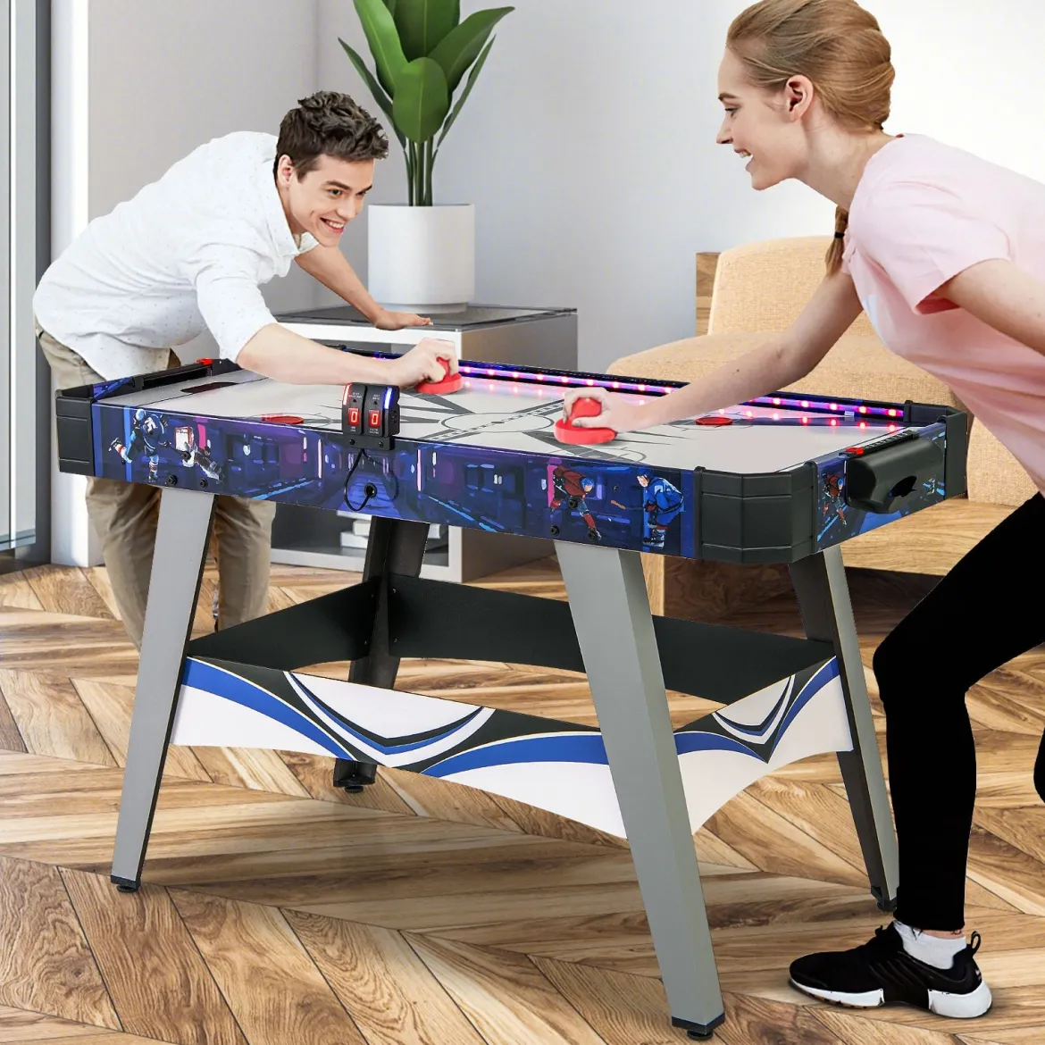 Airhockey-Tisch angetriebener Hockey Tisch mit 2 Schiebern & Pucks verstellbare Fußpolster Blau