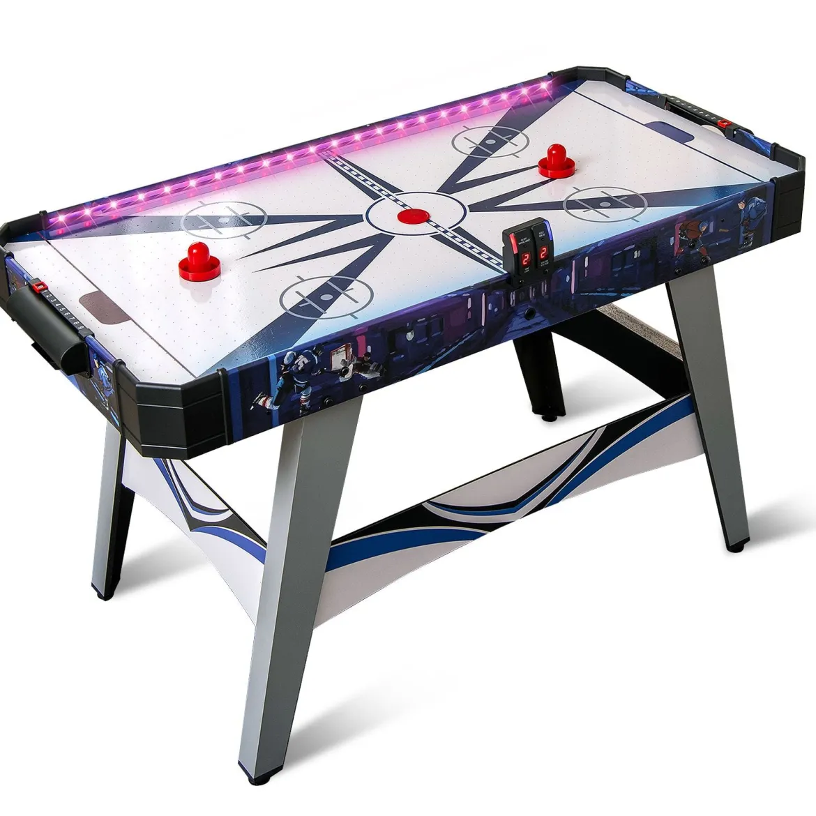 Airhockey-Tisch angetriebener Hockey Tisch mit 2 Schiebern & Pucks verstellbare Fußpolster Blau