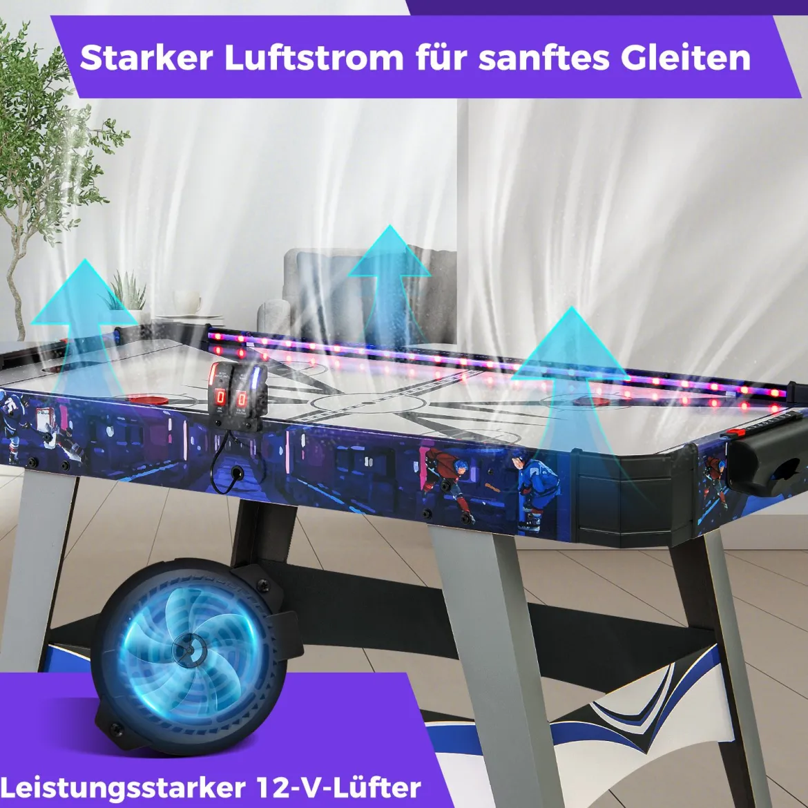 Airhockey-Tisch angetriebener Hockey Tisch mit 2 Schiebern & Pucks verstellbare Fußpolster Blau