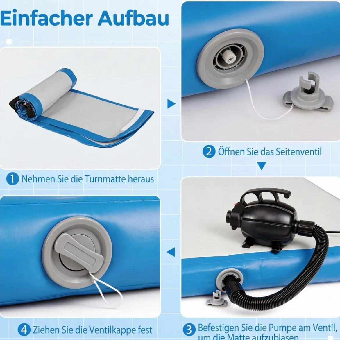 Airtrack Matte Aufblasbare Gymnastikmatte Tragbare Tumbling Matte mit Elektrischer Luftpumpe Blau + Grau