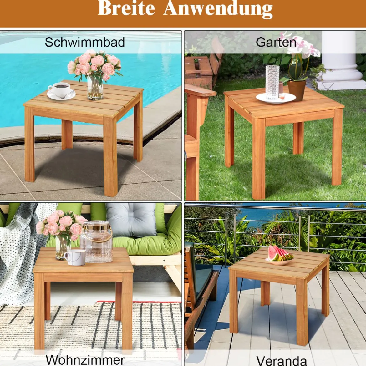 Akazienholz Beistelltisch mit Ölbehandelter Oberfläche Quadratischer & Robuster Kaffeetisch