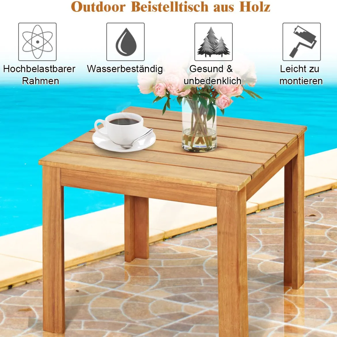 Akazienholz Beistelltisch mit Ölbehandelter Oberfläche Quadratischer & Robuster Kaffeetisch