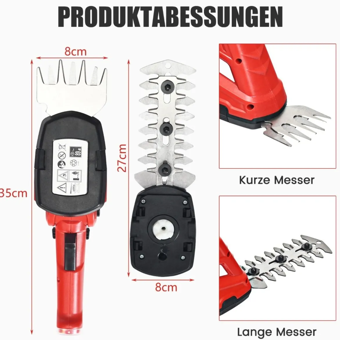 Akku Gras- und Strauchschere Kabellose Grasschere mit 2 Klingen 3,6V 2000mAh 11,5 cm Rot