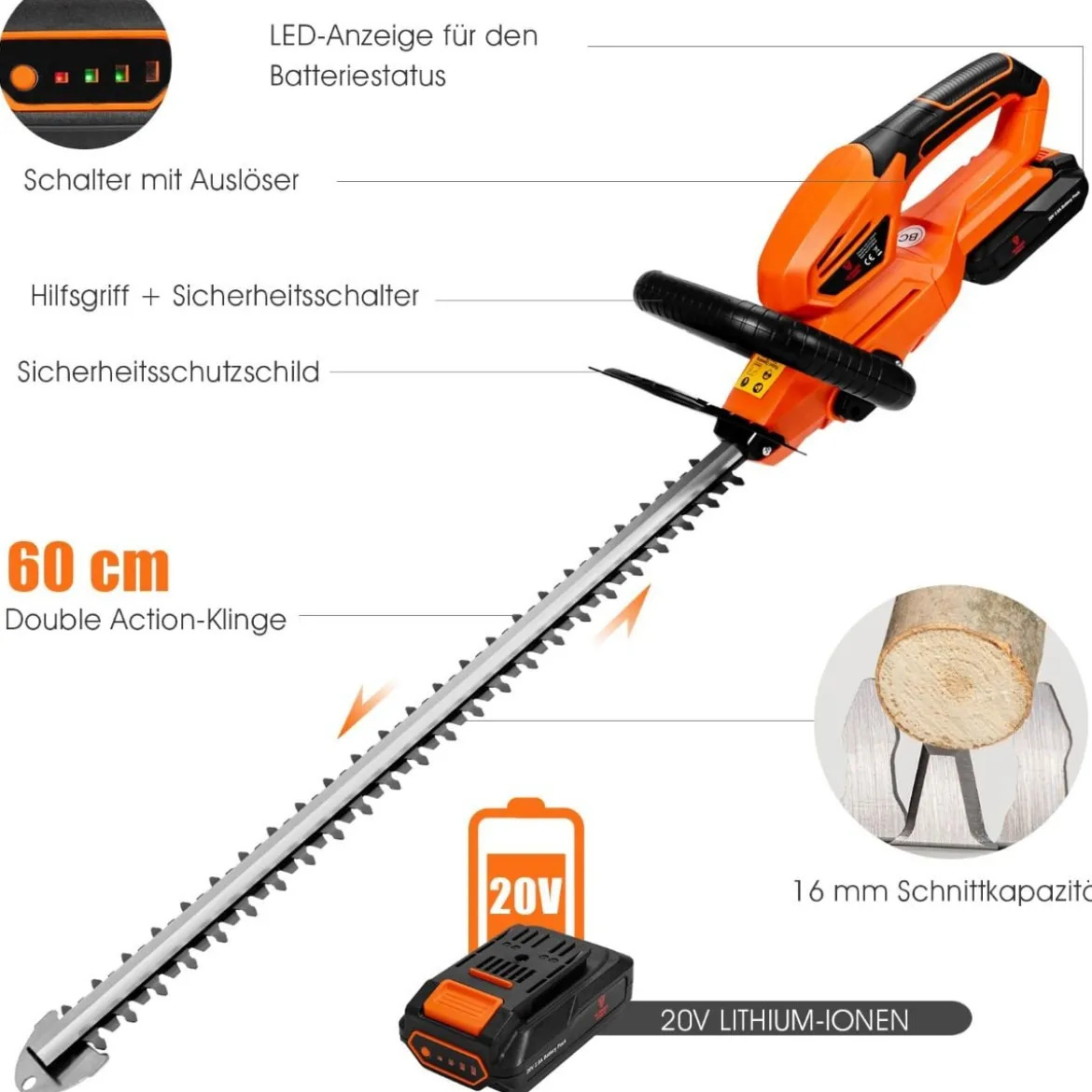Akku Heckenschere Kabellos 20 V Elektrischer Heckenschneider 97 x 20 x 15 cm