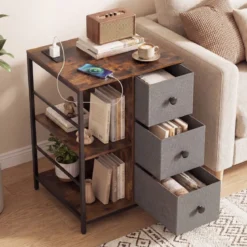 Aktenschrank mit Offenen Ablage & Ladestation & Stoffschubladen & Seitentaschen Beistelltisch