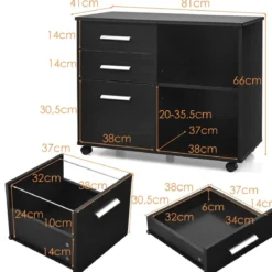 Aktenschrank mit 3 Schubladen Mobiler Büroschrank auf Rädern 81 x 41 x 66 cm Schwarz