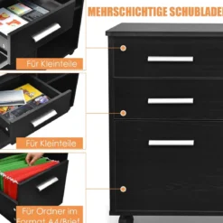 Aktenschrank mit 3 Schubladen Mobiler Büroschrank auf Rädern 81 x 41 x 66 cm Schwarz