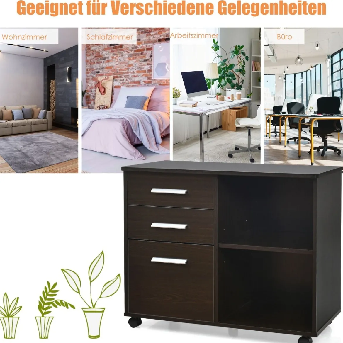 Aktenschrank mit 3 Schubladen Mobiler Büroschrank auf Rädern 81 x 41 x 66 cm Braun