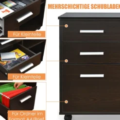 Aktenschrank mit 3 Schubladen Mobiler Büroschrank auf Rädern 81 x 41 x 66 cm Braun