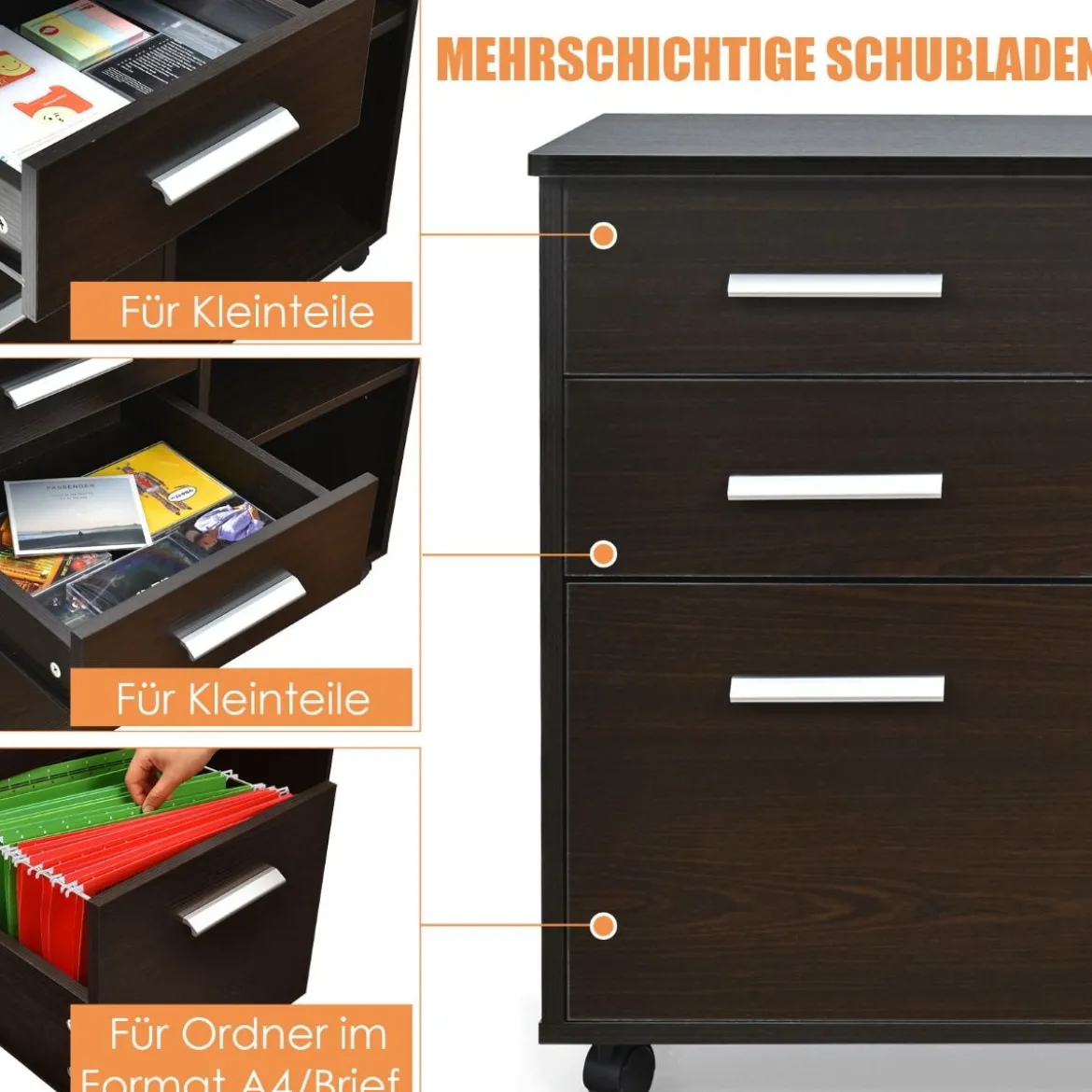 Aktenschrank mit 3 Schubladen Mobiler Büroschrank auf Rädern 81 x 41 x 66 cm Braun