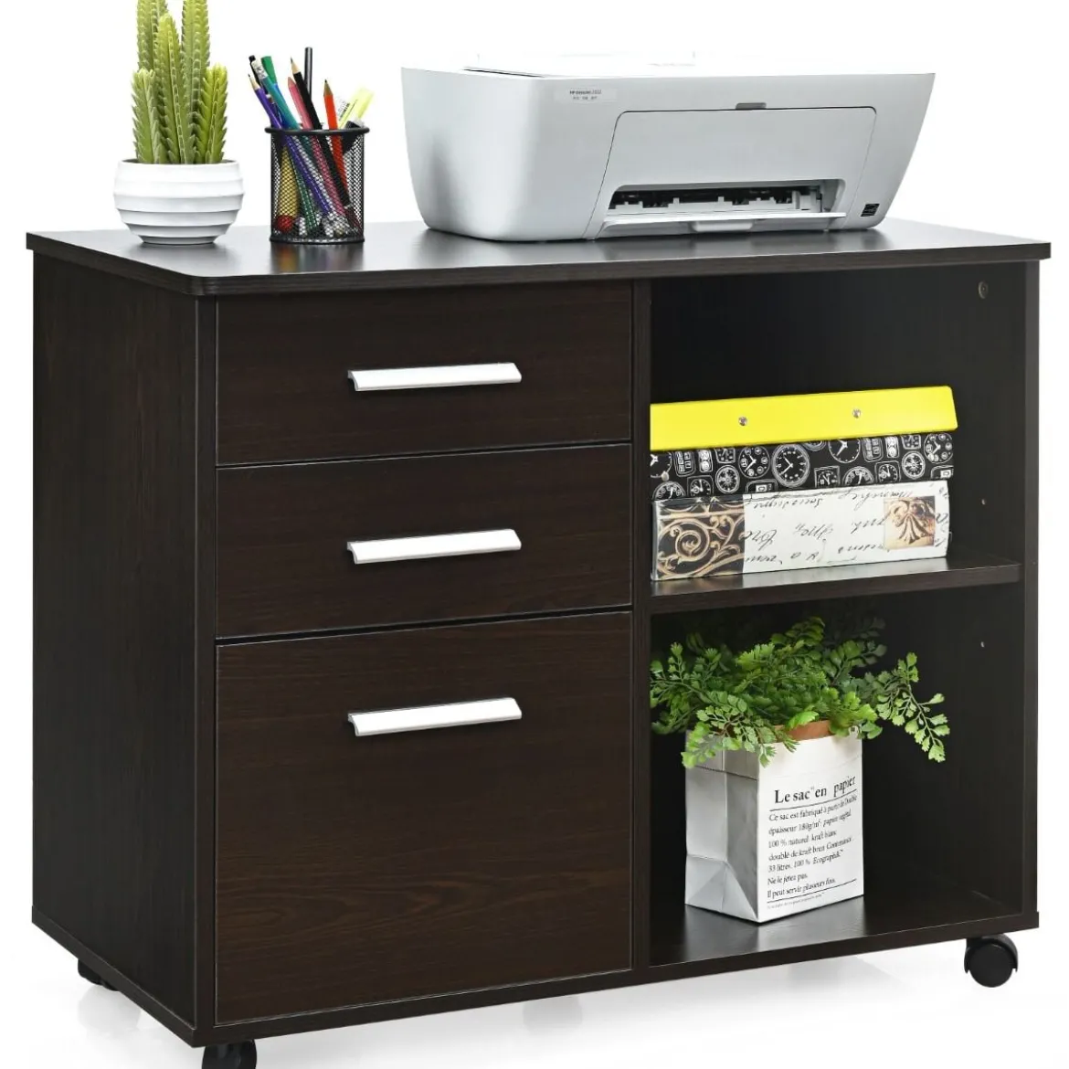 Aktenschrank mit 3 Schubladen Mobiler Büroschrank auf Rädern 81 x 41 x 66 cm Braun