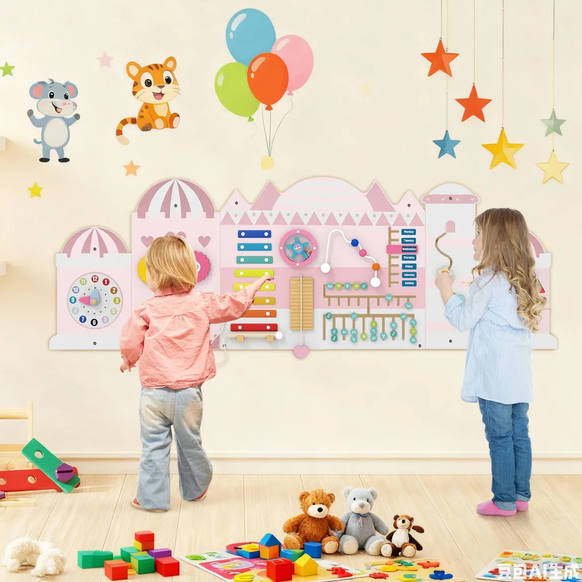 Aktivitätswand für Kleinkinder 11-in-1 Montessori Holz-Wandspielzeug für Bildung & frühkindliche Entwicklung Rosa