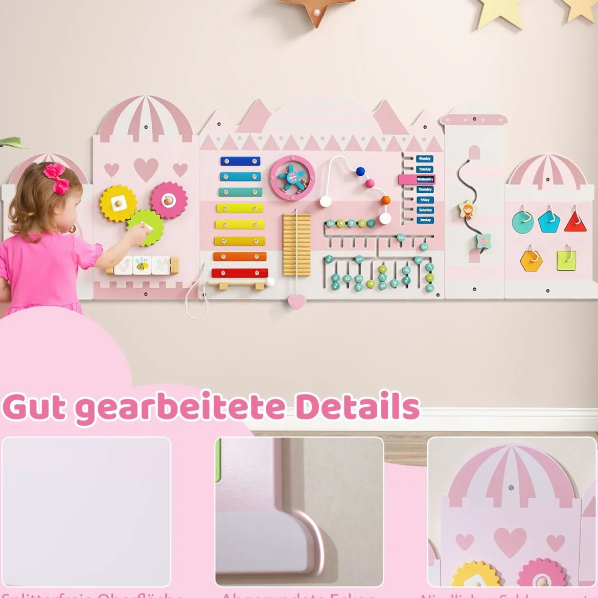 Aktivitätswand für Kleinkinder 11-in-1 Montessori Holz-Wandspielzeug für Bildung & frühkindliche Entwicklung Rosa