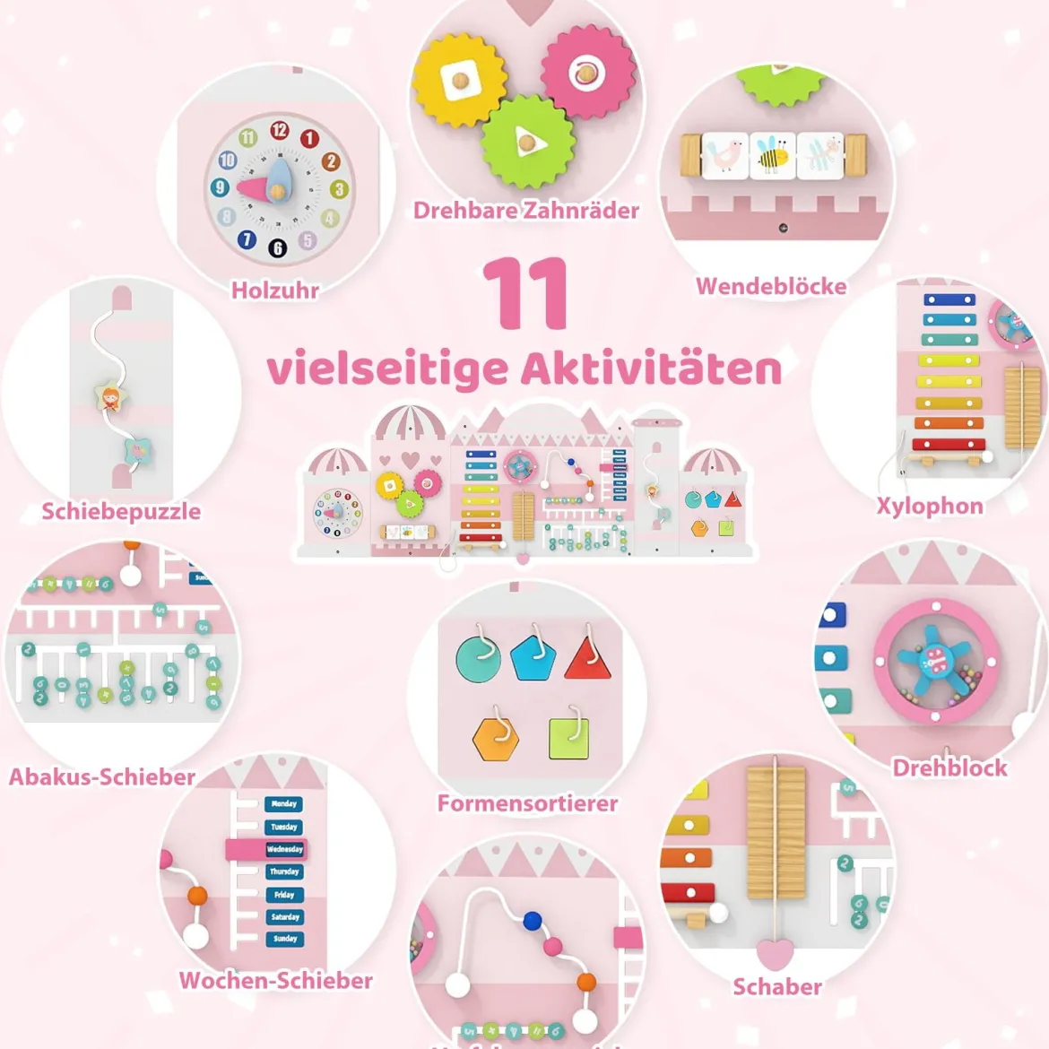 Aktivitätswand für Kleinkinder 11-in-1 Montessori Holz-Wandspielzeug für Bildung & frühkindliche Entwicklung Rosa