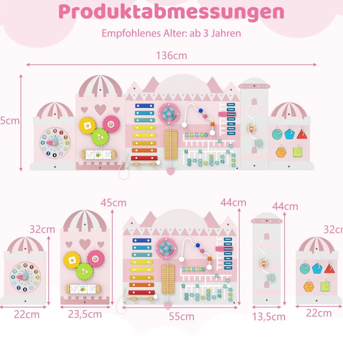 Aktivitätswand für Kleinkinder 11-in-1 Montessori Holz-Wandspielzeug für Bildung & frühkindliche Entwicklung Rosa