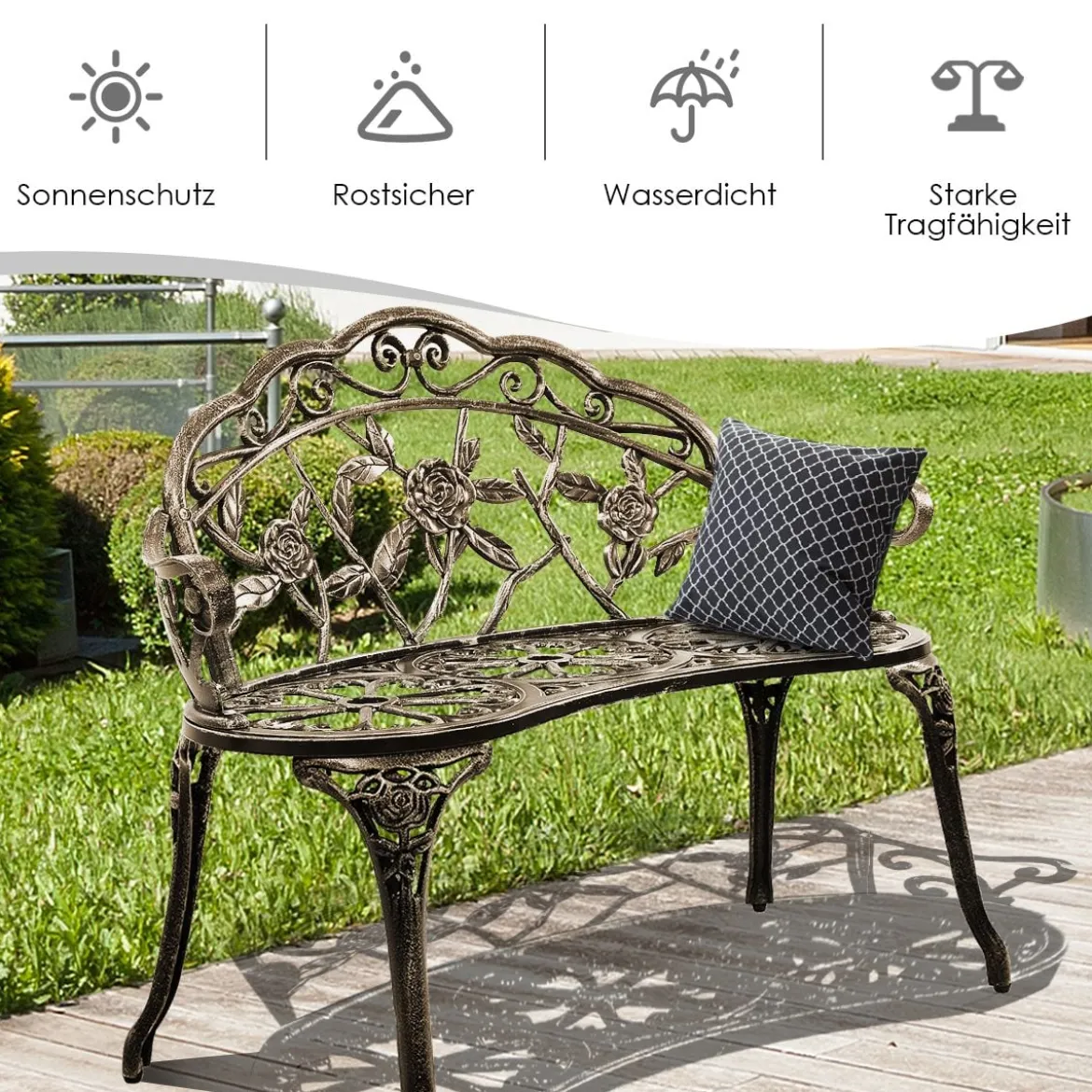 Akzent-Gartenbank Outdoor Metallbank mit Rückenlehne 99 x 54 x 78,5 cm Bronze