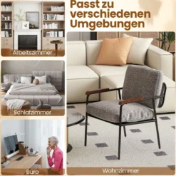 Akzentstuhl mit Rückenkissen & Breiter Gepolsterter Sitz Wohnzimmerstuhl LesesesselGrau