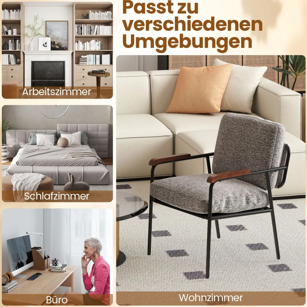Akzentstuhl mit Rückenkissen & Breiter Gepolsterter Sitz Wohnzimmerstuhl LesesesselGrau