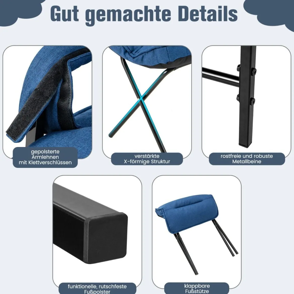 Akzentstuhl + Ottomane aus Leinenstoff mit Verstellbarer Rückenlehne& Metallrahmen Blau