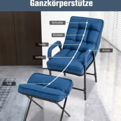 Akzentstuhl + Ottomane aus Leinenstoff mit Verstellbarer Rückenlehne& Metallrahmen Blau