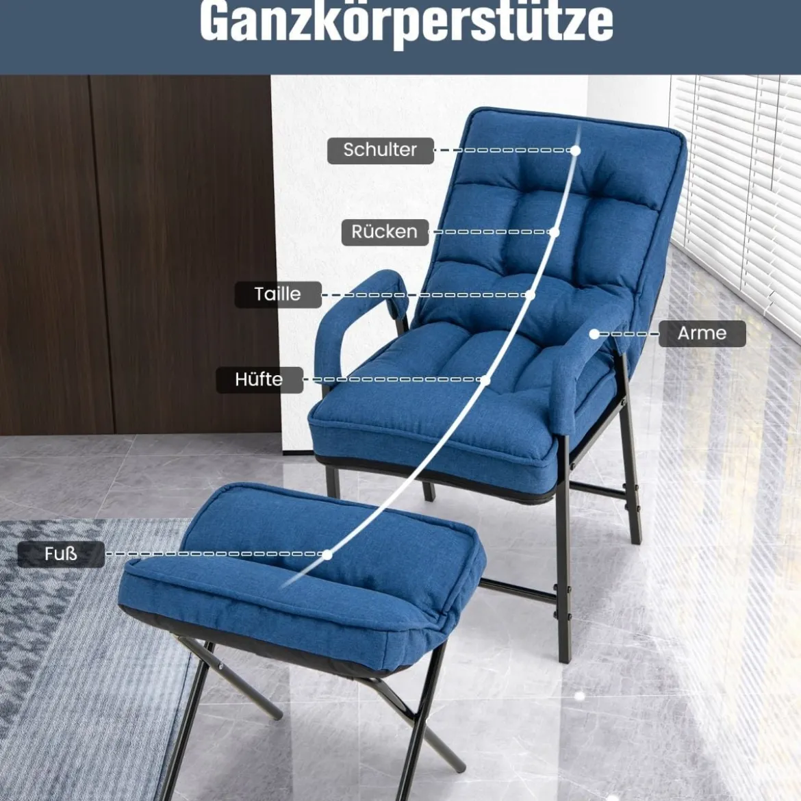 Akzentstuhl + Ottomane aus Leinenstoff mit Verstellbarer Rückenlehne& Metallrahmen Blau