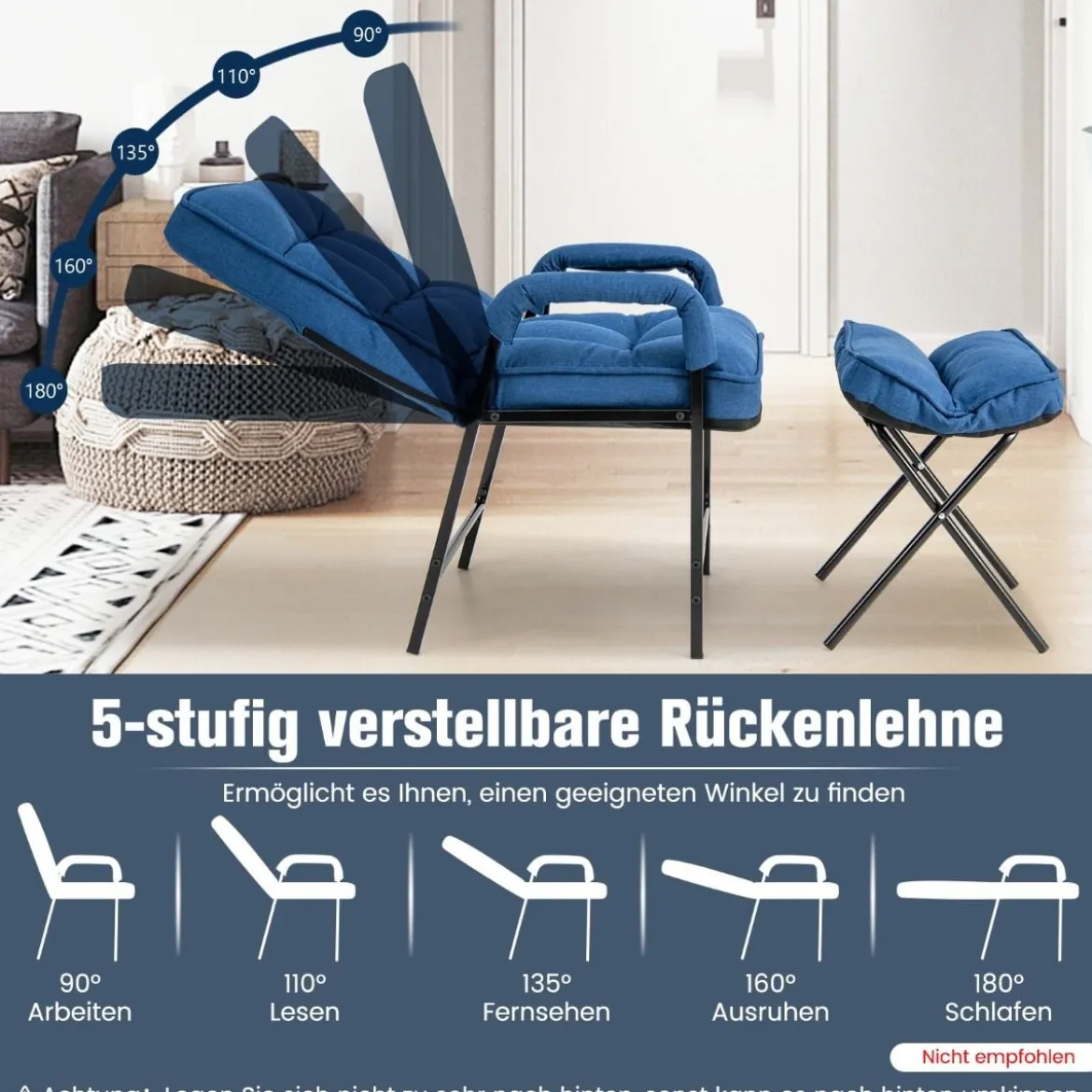 Akzentstuhl + Ottomane aus Leinenstoff mit Verstellbarer Rückenlehne& Metallrahmen Blau