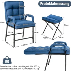 Akzentstuhl + Ottomane aus Leinenstoff mit Verstellbarer Rückenlehne& Metallrahmen Blau