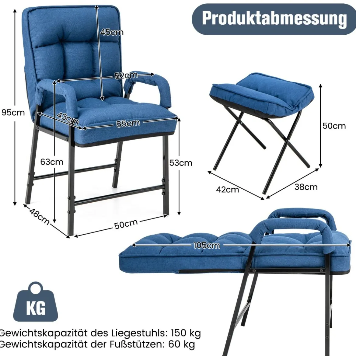 Akzentstuhl + Ottomane aus Leinenstoff mit Verstellbarer Rückenlehne& Metallrahmen Blau