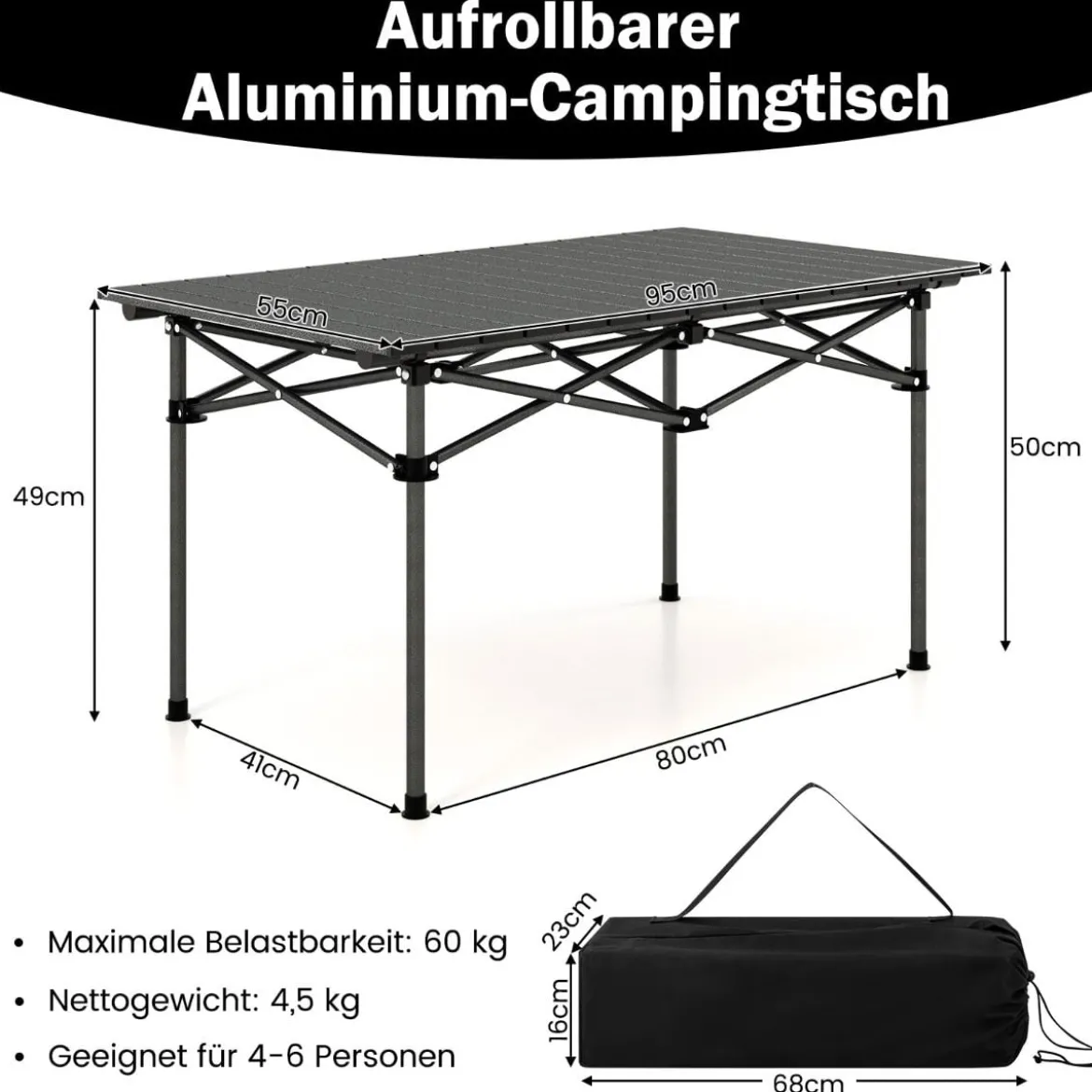 Aluminium Campingtisch für 4-6 Personen klappbarer Picknicktisch mit Tragetasche Schwarz