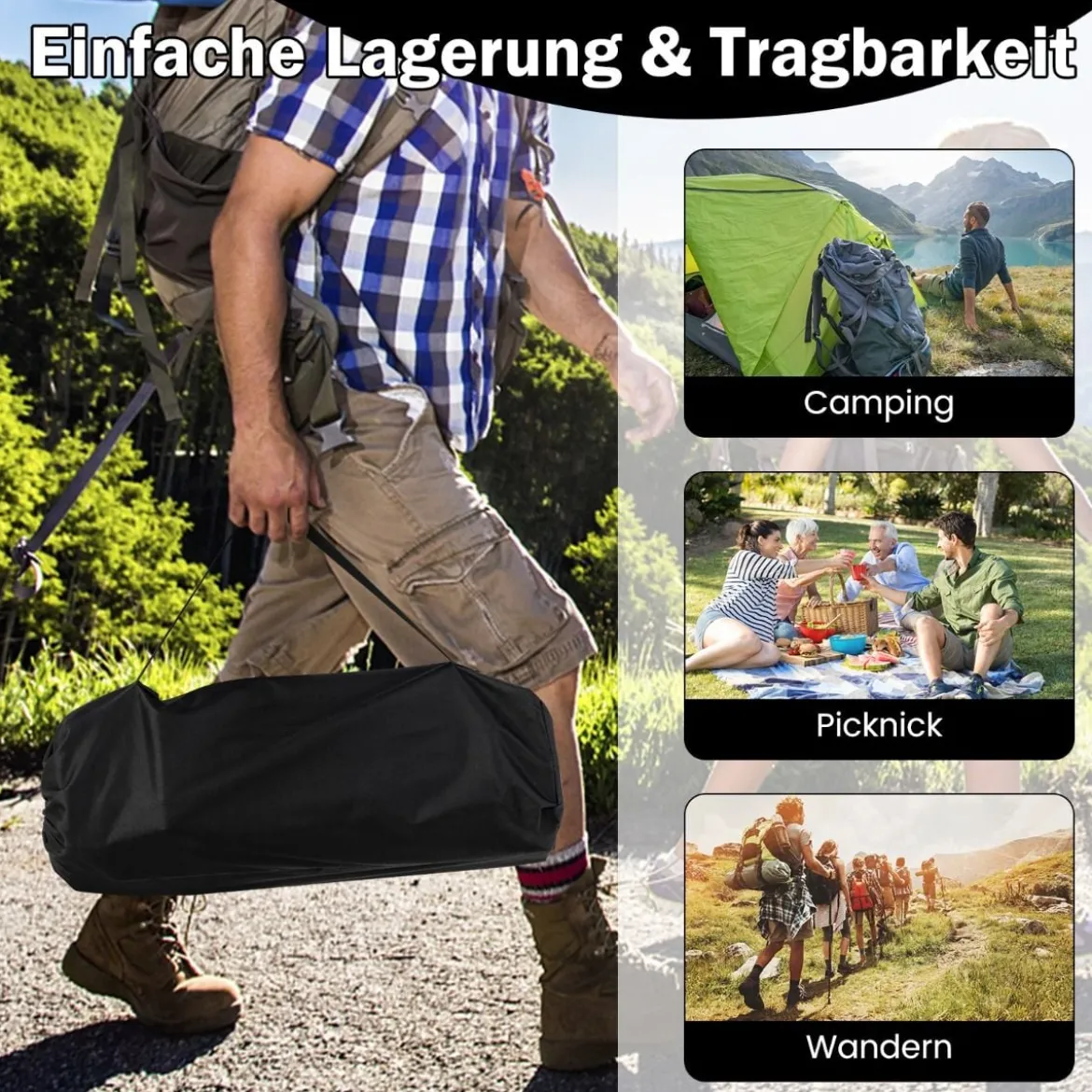 Aluminium Campingtisch für 4-6 Personen klappbarer Picknicktisch mit Tragetasche Schwarz