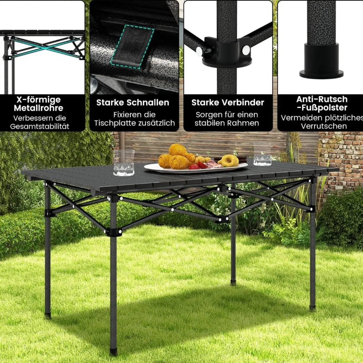 Aluminium Campingtisch für 4-6 Personen klappbarer Picknicktisch mit Tragetasche Schwarz