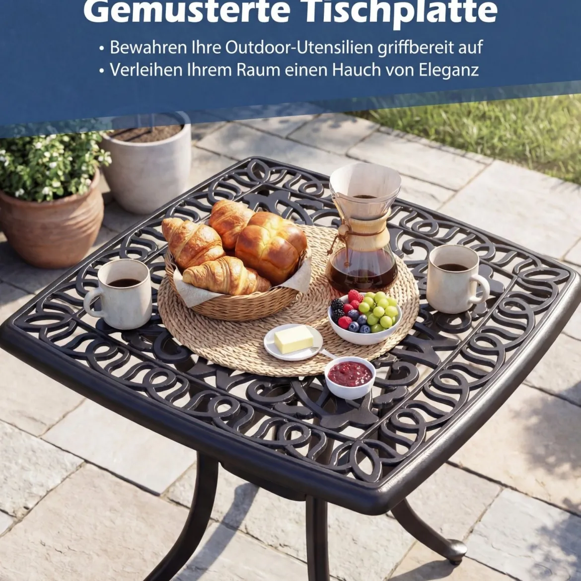 Aluminiumguss Beistelltisch mit Schirmloch & Verstellbaren Fußpolstern Wetterfester Balkontisch