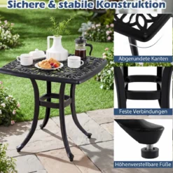 Aluminiumguss Beistelltisch mit Schirmloch & Verstellbaren Fußpolstern Wetterfester Balkontisch