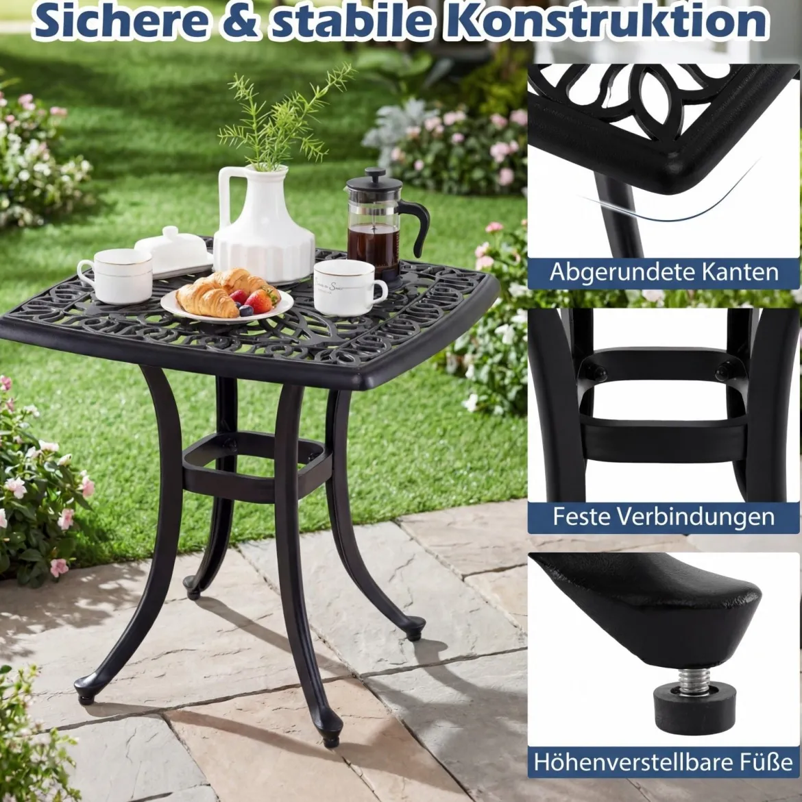 Aluminiumguss Beistelltisch mit Schirmloch & Verstellbaren Fußpolstern Wetterfester Balkontisch