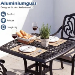 Aluminiumguss Beistelltisch mit Schirmloch & Verstellbaren Fußpolstern Wetterfester Balkontisch
