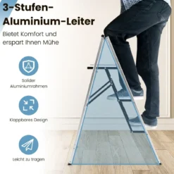 Aluminium Trittleiter mit Breiten Rutschfesten Stufen Klappbarer Stehleiter bis 150 kg Silber