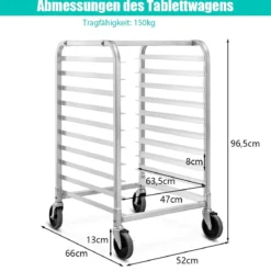 Alu Tablettwagen für 10 Tabletts mit Bremse Regalwagen bis 15 kg pro Blech Servierwagen