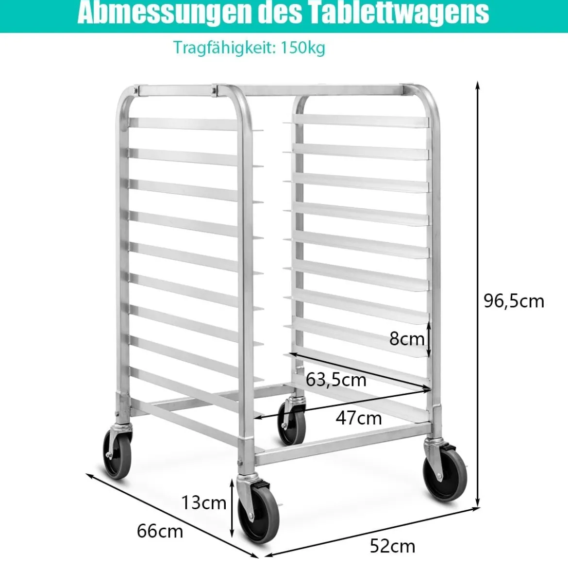 Alu Tablettwagen für 10 Tabletts mit Bremse Regalwagen bis 15 kg pro Blech Servierwagen