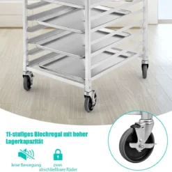 Alu Tablettwagen für 10 Tabletts mit Bremse Regalwagen bis 15 kg pro Blech Servierwagen