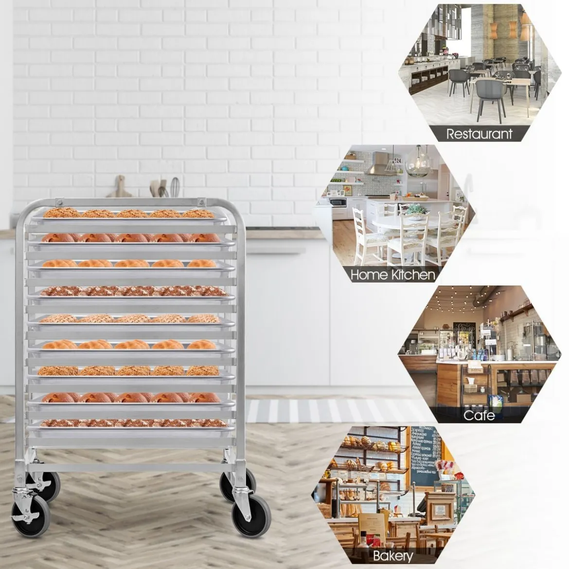 Alu Tablettwagen für 10 Tabletts mit Bremse Regalwagen bis 15 kg pro Blech Servierwagen